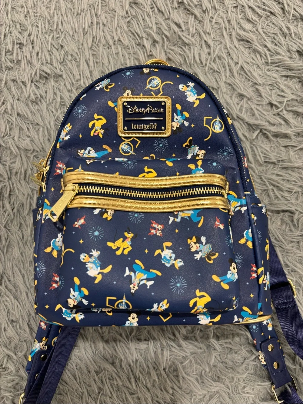 Loungefly Disney Parks 50th Anniversary Mini Backpack Blue Gold Mickey Donald